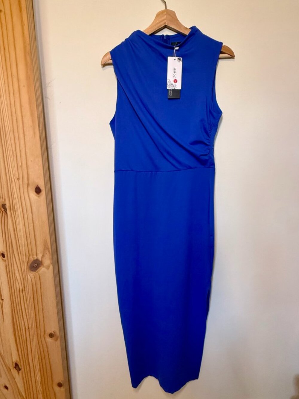 MIROL Royal Blue Sleeveless Mock Neck Ruched Bodycon Dress – Medium